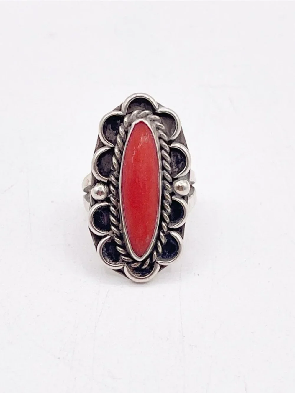 Vintage 925 Sterling Silver Coral Ring Southwestern Statement Split Shank Size 6